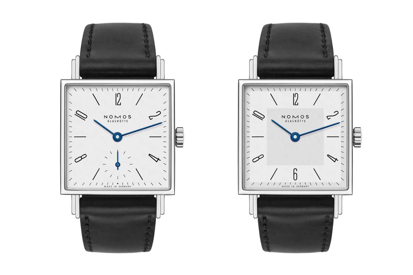 Two square NOMOS Tetra 27 watches on black straps, one with small seconds and one with hours and minutes only