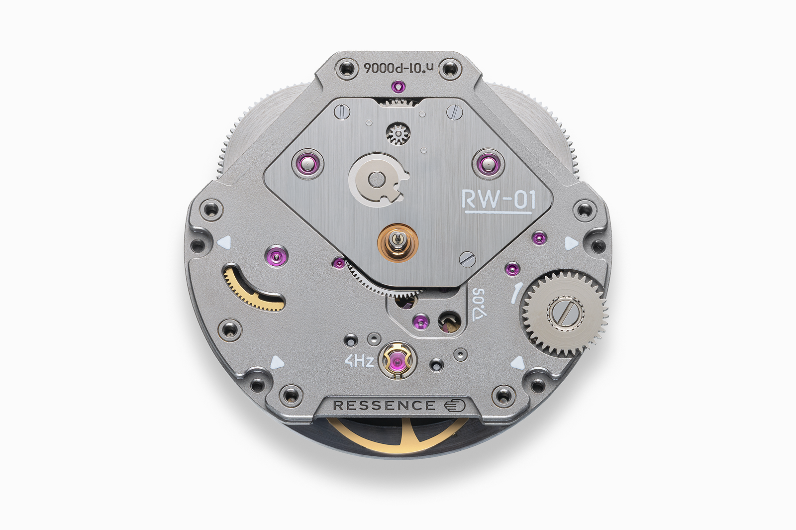 The Ressence RW-01 movement seen from the side and above on a white background